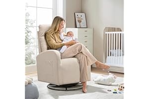 SLEERWAY 360° Swivel Glider Chair for Nursery, Modern Ergonomic Rocker Round Linen Upholstered Comfy High Back Accent Rocking Chairs Side Pocket and Headrest for Living Room, Bedroom Beige