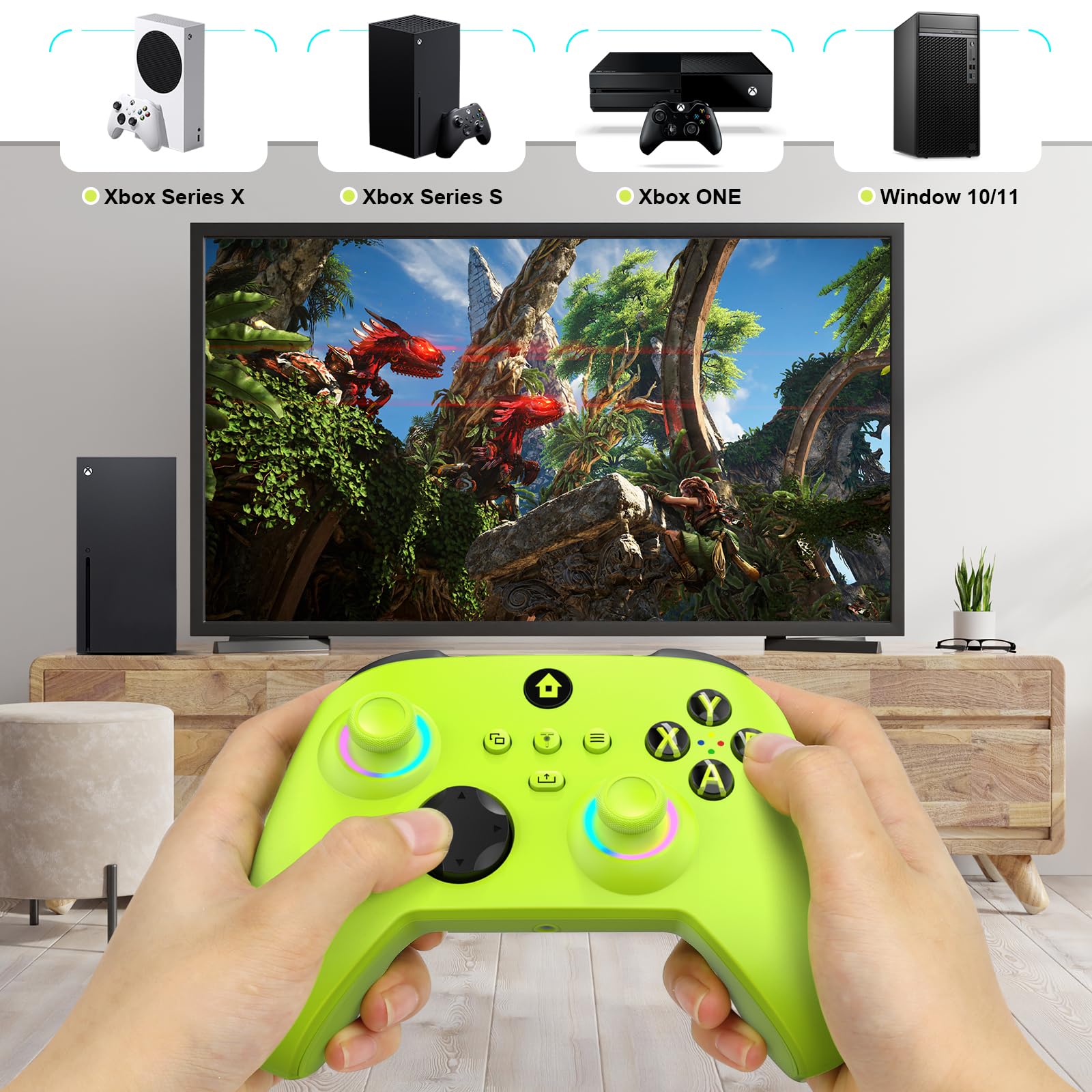 W&O Wireless Controller Compatible With Xbox One, Xbox Series X/S, Xbox One X/S, PC, With RGB LED Light, Mappable Buttons, 3.5mm Headphone Jack, With 2.4GHZ Wireless Adapter Gamepad （Electric Volt）