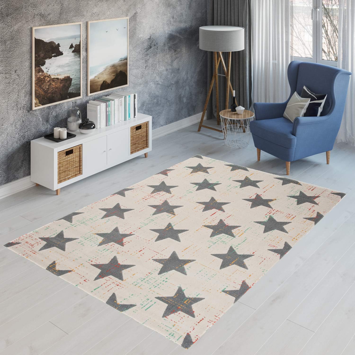 Tapiso Can Area Rugs Living Room Bedroom Teenager Beige Grey Stars Durable Carpet Floor Mat Modern Interior Size - 140 x 200 cm (4ft7 x 6ft7)