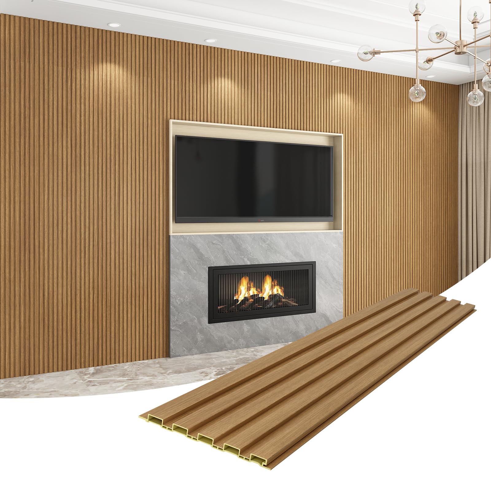 Photo 1 of VESLARA 8-Pack WPC Wall Panels 108’’ x 6.3’’ 3D Slat Wall Panel Acoustic Wall Paneling for Interior Wall Decor TV Background Kitchen Bedroom Oak