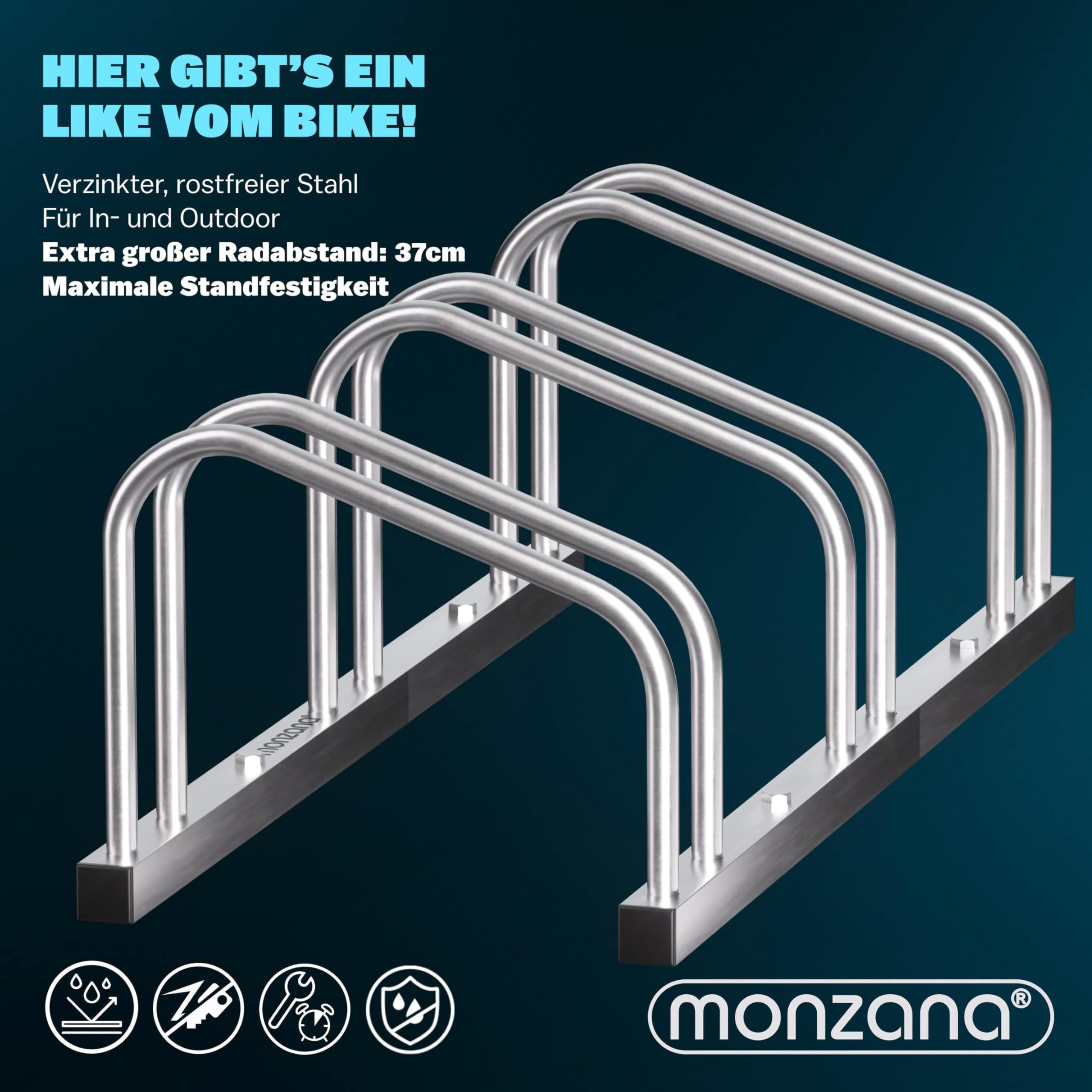 Monzana® Fahrradständer für 3 Fahrräder 37cm Radabstand 30-65mm Reifenbreite rostfreier Stahl selbstsichernde Schrauben Boden oder Wandmontage Mehrfachständer Fahrradhalter Aufstellständer Radständer 9