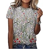 Women's T Shirts Graphic Tees Summer Tops Wildflower Floral Shirt Short Sleeve Casual Loose Fit Shirt
