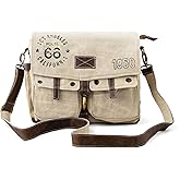 3B-Route 66Upcycled Vintage Military Leather Canvas Shoulder Bag Laptop Messenger Bags Medium Crossbody Purse with 2 Straps