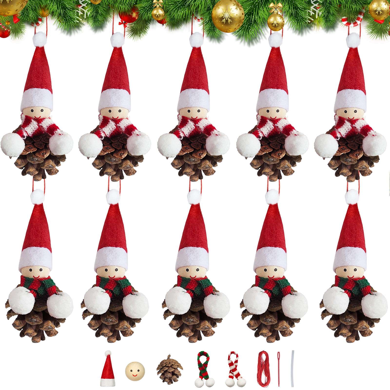 DONQL 10 Set Christmas Tree Decorations - Pine Cones Santa Claus Ornaments, Christmas Crafts, Xmas Decorations With Natural Pine Cones