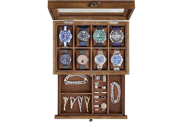 SONGMICS GISELLA Collection - Watch Box with 8 Slots, 2-Tier Wood Watch Case with Large Glass Lid, Watch Pillows, Velvet Lini