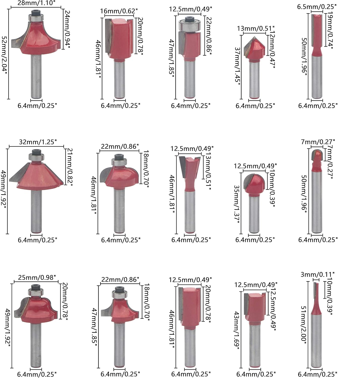 Rowiz 15 PCS Milling Cutter Router Bit Set 1/4 Inch 6.35mm Shank Milling Trimming Cutter Bits Wood Engraving Bits Set including Wrench and Wooden Index Box - Image 3