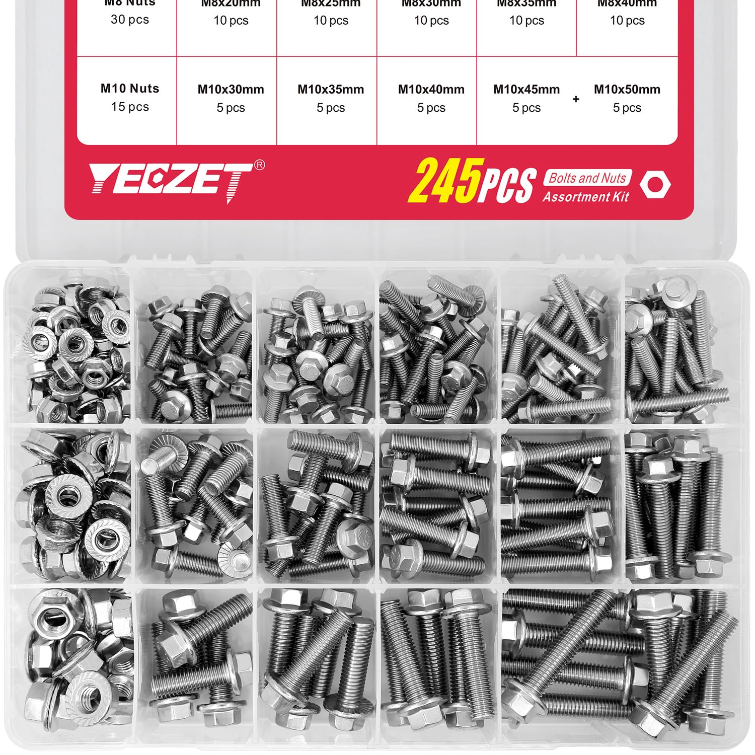 Photo 1 of YEEZET 245PCS M6 M8 M10 Heavy Duty Flanged Bolts and Nuts Kit,Stainless Steel 304 Metric Flanged Hex Screws Nuts Includes 15 Most Common Sizes