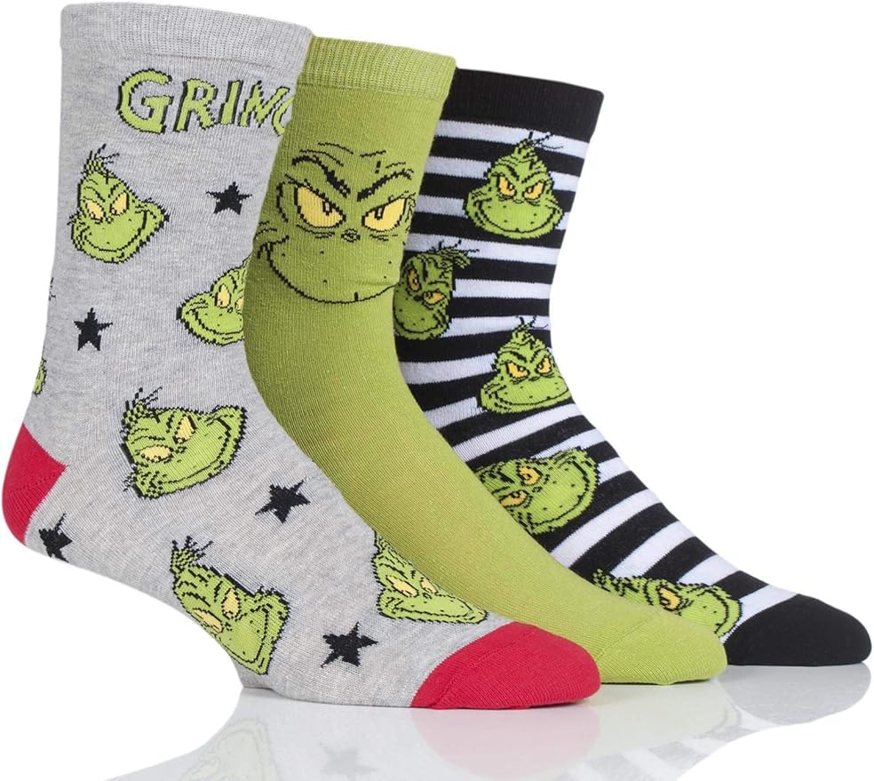 Men's and Women's Grinch Cotton Socks Pack of 3 Assorted 611