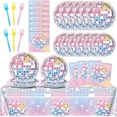 98 Pcs Pastel Disco Ball Birthday Party Decorations Music Singer Disposable Paper Plates Napkin Tablecloth Set for Disco Theme Decor Tablecover Tableware Set for 24 Guests Wedding Bachelorette Party