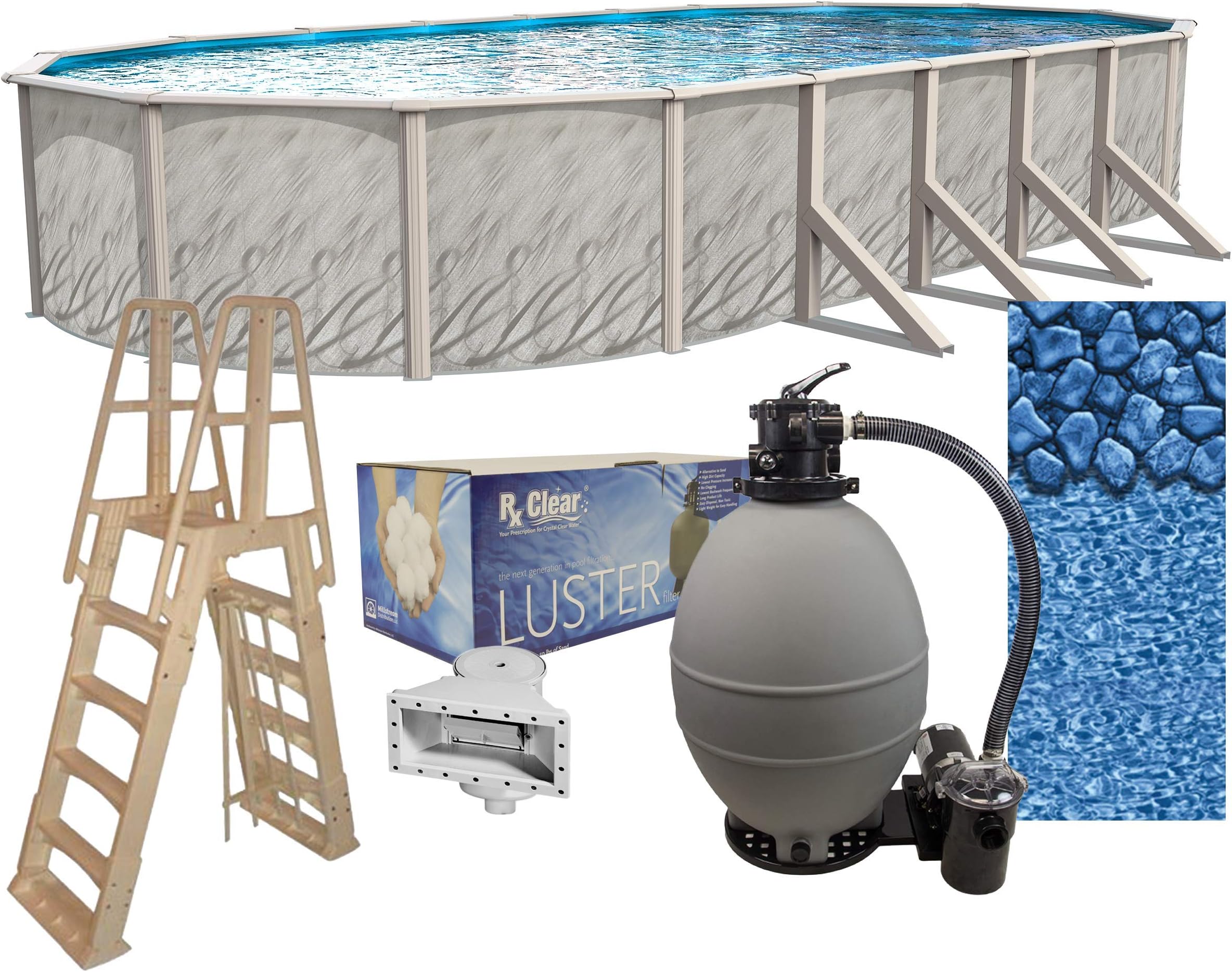 Meadows 18 ft x 33 ft Oval Above Ground Swimming Pool Kit | 52 Inch Steel Walls | Bundle Includes: 25 Gauge Liner, A-Frame Ladder, Sand Filter System with Pump & Skimmer