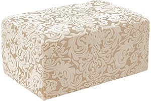 subrtex Ottoman Slipcover Jacquard Damask Oversize Stretch Storage Protector Rectangle Footstool Sofa Slip Cover for Foot Rest Stool Furniture in Living Room (XL, Damask Linen)