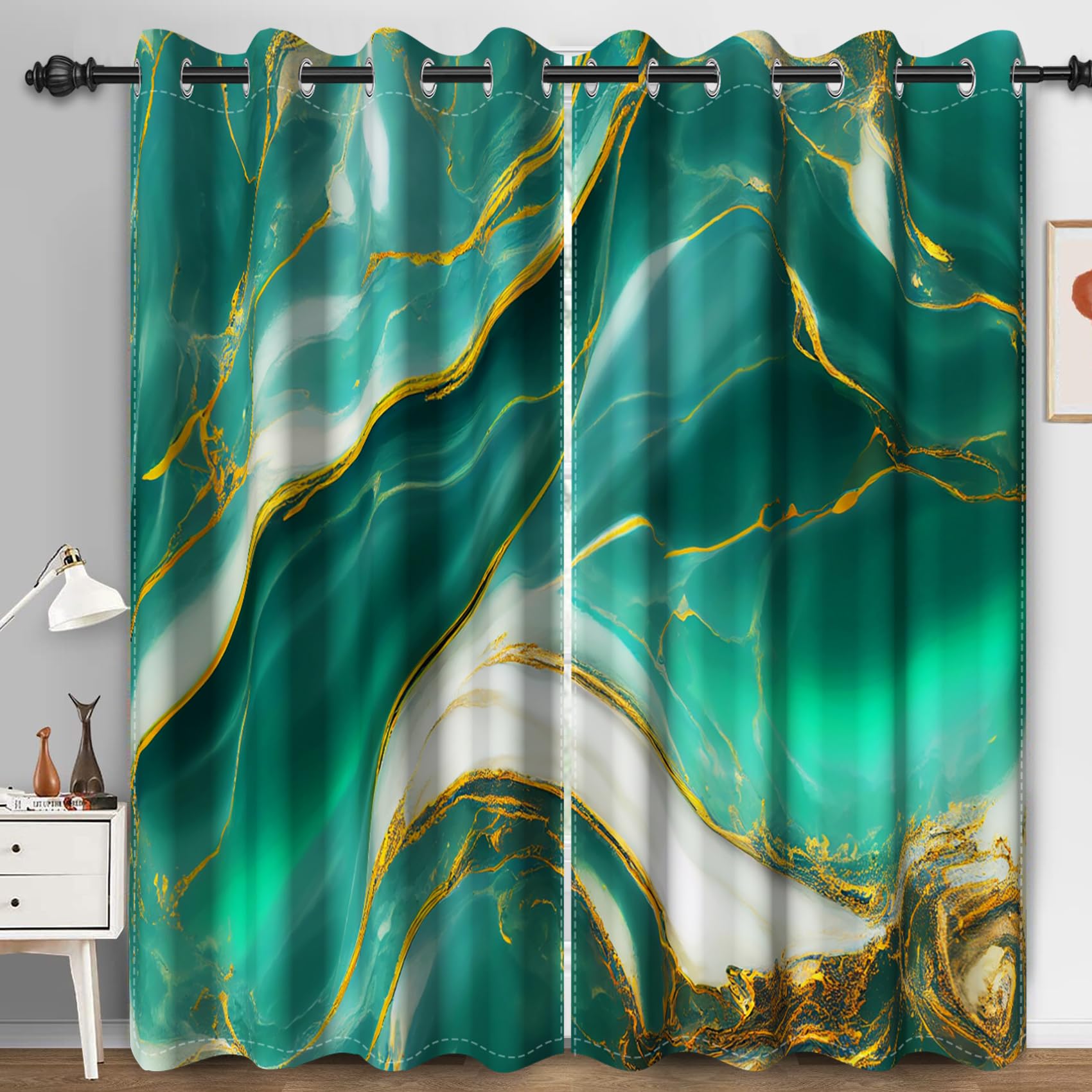 Bovlleetd Green Marble Blackout Curtains for Bedroom Modern Aesthetic Room Darkening Green Gold Glitter Fluid Eyelet Window Curtains 46x54inch (Width x Length) Set 2 Panels — image 1