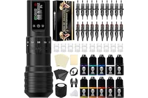 Tattoo Gun Kit Complete Wireless Tattoo Machine Kit, Kiss of Dragon V1 Rotary Adjustable Stroke Tattoo Pen with 1600 mAh Cordless Battery Tattoo Cartridge Needles Set for Beginners