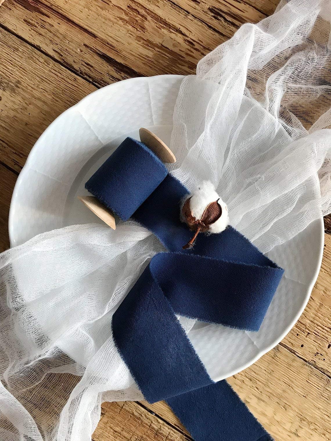 Navy blue ribbon 2" wide 5yd cotton frayed edges hand dyed for Rustic wedding invitation ties favors gift wrapping Party decor bows Florist Bouquet supplies Flat lay styling props