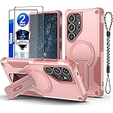 GuardCase for Samsung Galaxy S25 Ultra case[Compatible with MagSafe][with 2 Pcs Fingerprint Unlock Glass Screen Protector][Built in Invisible Stand] Shockproof Protective Phone Cover 6.9-inch(Pink)