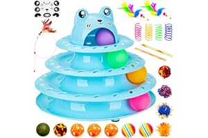 Gefryco 26pcs Cat Toys Roller 4-Level Turntable for Indoor Cats, Self Play Cat Toy Track with Colorful Balls Interactive Kitten Puzzle Toys, Fun Kitty Exercise Toys Set(Blue)