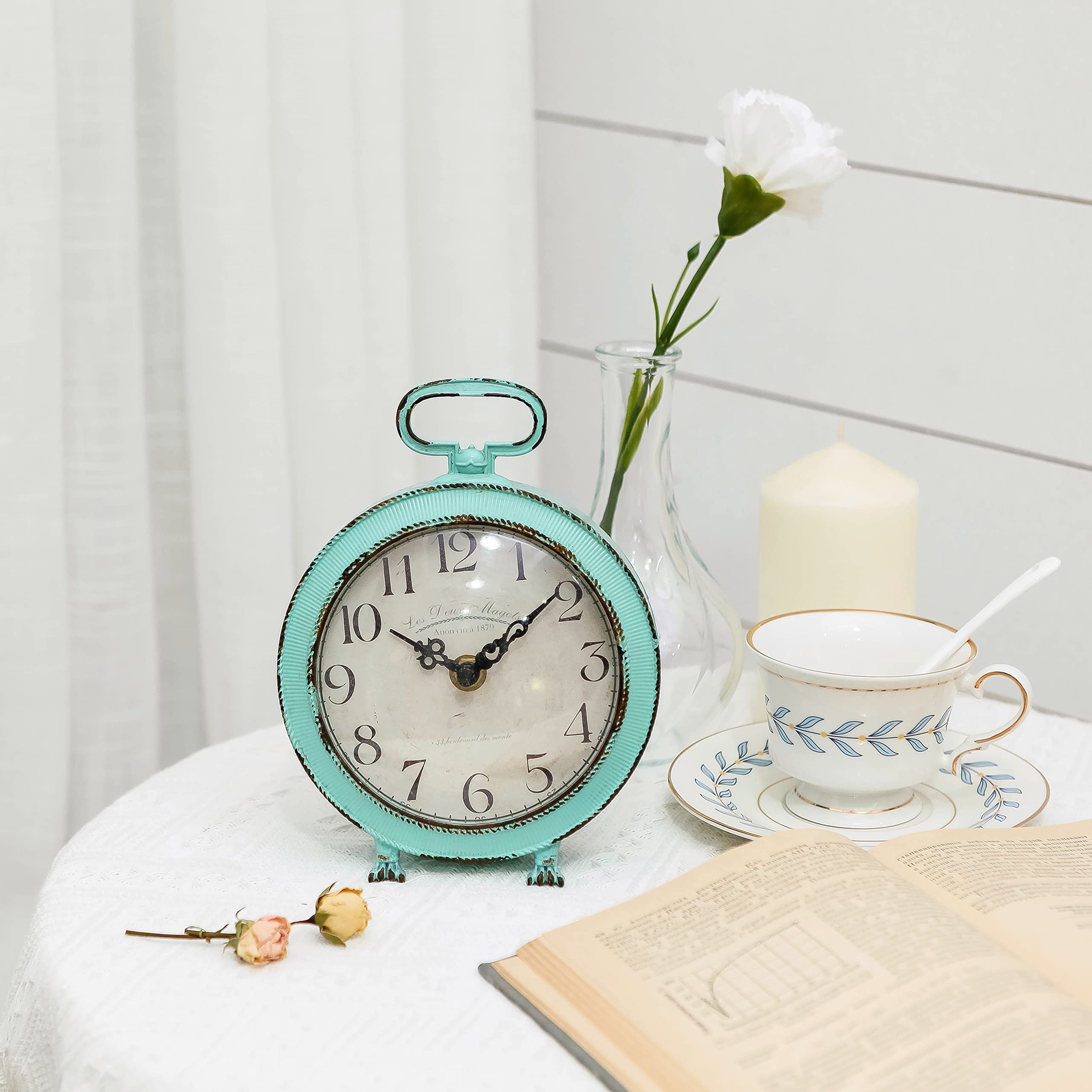 NIKKY HOME Table Clock Vintage Metal Round Desk Clock with Handle and Dragon Feet Stand for Home Living Room Bedroom Decor 5.6'' by 2.2'' by 7.5'', Distressed Aqua Blue