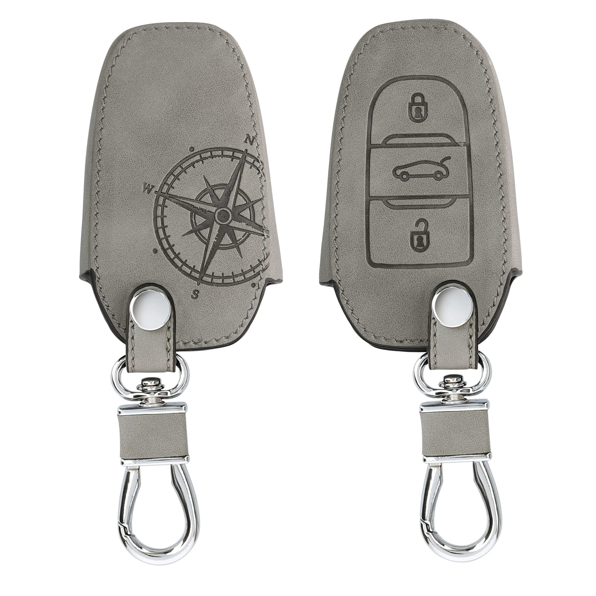 kwmobile Car Key Cover Compatible with Peugeot Citroen 3 Button Car Key Smart Key (only Keyless Go) - Synthetic Nubuck Leather Fob Cover - Navigational Compass Grey