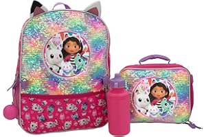 AI ACCESSORY INNOVATIONS Gabby’s Doll House 4 Piece Backpack Set, Flip Sequin 16" School Bag for Girls with Front Zip Pocket, Pink