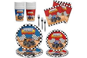 NEASYTH 120Pcs Truck Birthday Party Decorations Supplies Serves 24 Large Truck Plates and Napkins Forks Racing Car Theme Birthday Party Decorations Favors