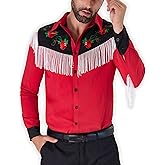 Muztagata Men's Western Cowboy Fringe Shirts Long Sleeve with Embroidered Rose Button Down Hippie Shirt
