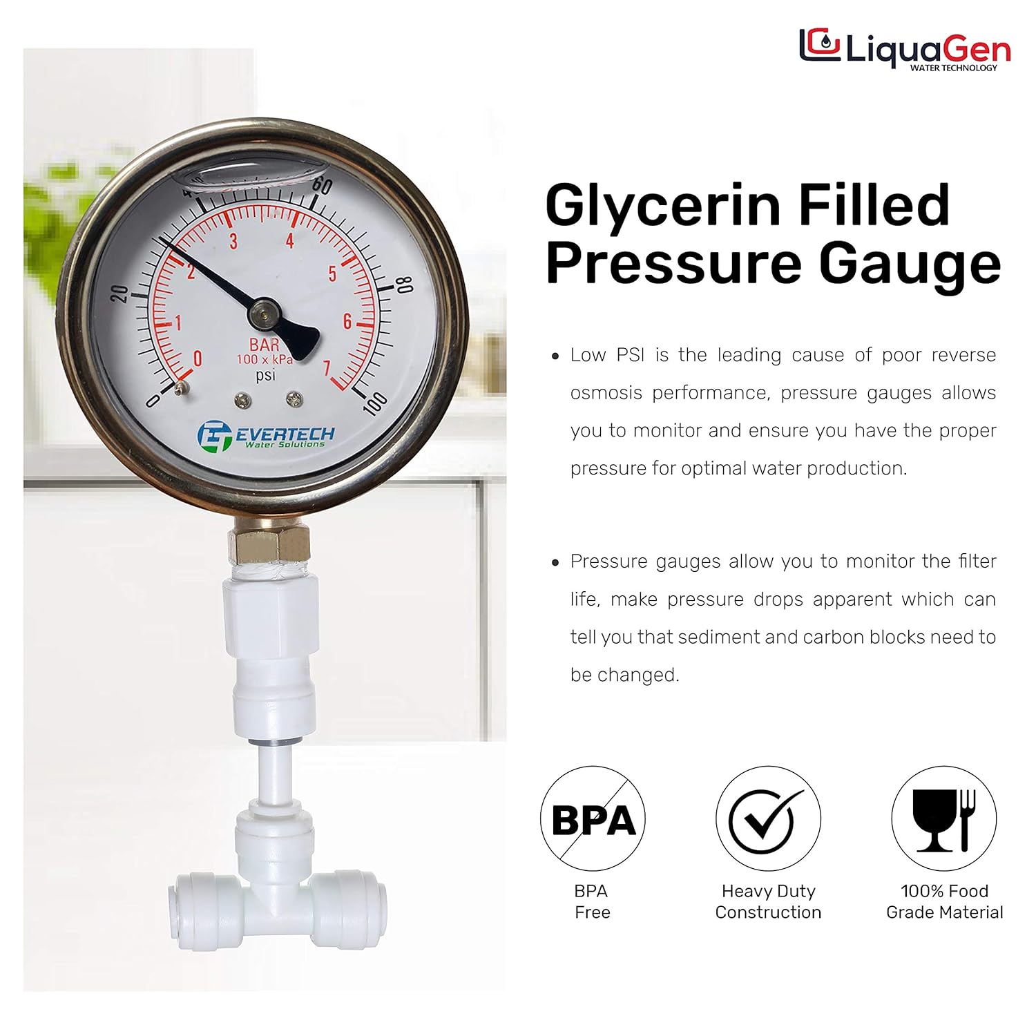 Liquid Oil Filled Water Pressure Gauge Kit 2.5″ Dial 1100 PSI Reverse