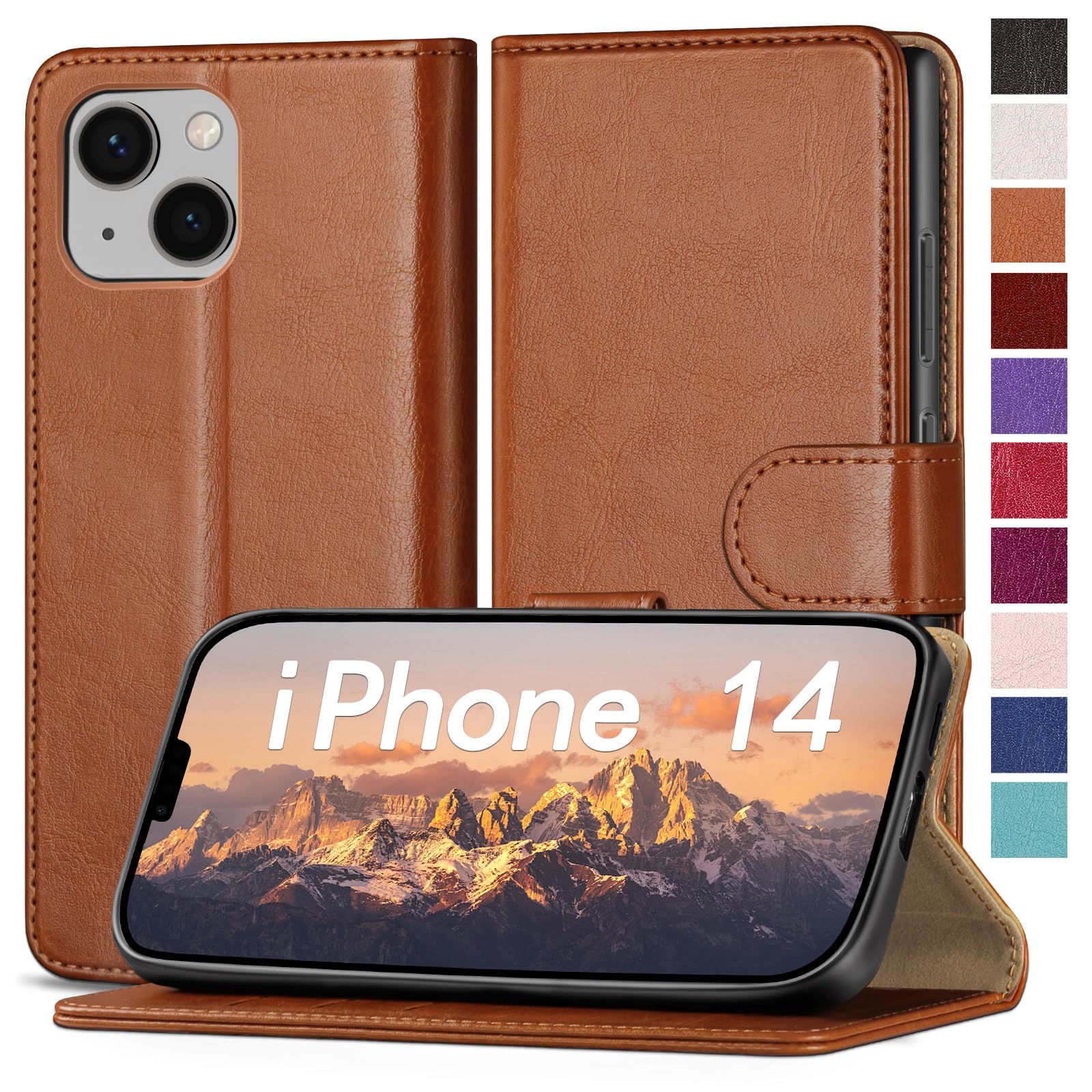 Photo 1 of RingPi for iPhone 14 6.1" Phone case,[3 Credit Card Slot][RFID Blocking Leather] Flip Folio Book Shockproof Protector,Holder Stand Cases,Women Men for Apple 14 Wallet Cover,Light Brown