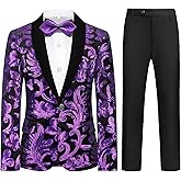 Lamgool Boys Tuxedo Suit Slim Fit Formal Set 2 Pieces with Floral Jacquard Sequin Blazer Black Pants for Kids Prom Wedding