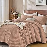 DOWN HOME Queen Quilt Bedding Set with Shams, Vintage Washed Soft Quilted Blanket Thin Comforter Lightweight Bedspread Coverlet Bed Cover, Brushed Microfiber Stripe Stitching, Desert Blush, 86"x90"