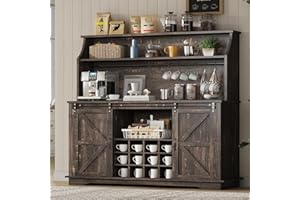REVOMINCA 55 Inch Farmhouse Coffee Bar Cabinet with 3-Tier Enclosed Storage Cabinet, Kitchen Hutch with 12 Wine Racks & 3 Glass Holders, Coffee Bar with 6 Hooks, Wood Furniture for Dining Living Room, Oak