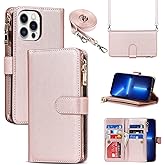 Cavor for iPhone 13 Pro Max Wallet Case, for iPhone 13 Pro Max Crossbody Case with Strap Stand,for Women Men,Leather Magnetic Zipper Protective Phone Case Cover,Rose Gold