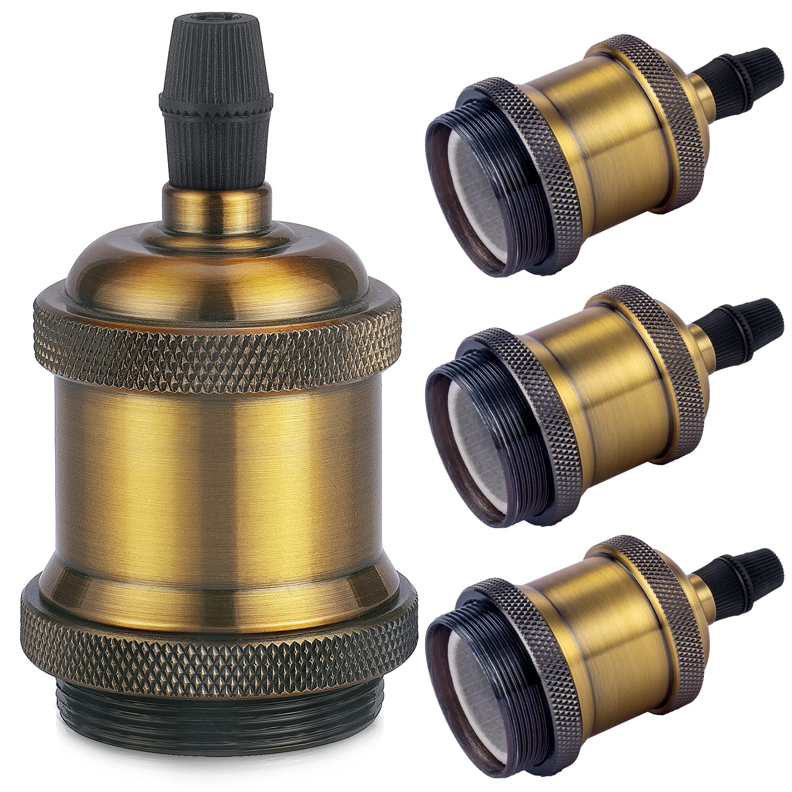 DiCUNO E27 Vintage Solid Bulb Socket, Ceramics Lampholder, Edison Screw Light Bulb Socket Adapter, Vintage Brass, 4 Packs