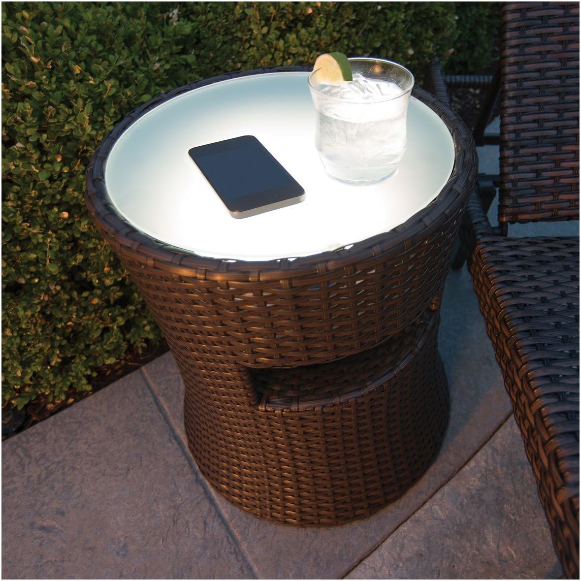 Patio Table, Outdoor Patio Side Table with Outdoor Speaker Built in and LED Light. Indoor and Outdoor Table Speaker for All Patio Furniture. Lawn Furniture Accessory. Blue Tooth Wireless Use. Outdoor Stereo, and Sound System Accessory