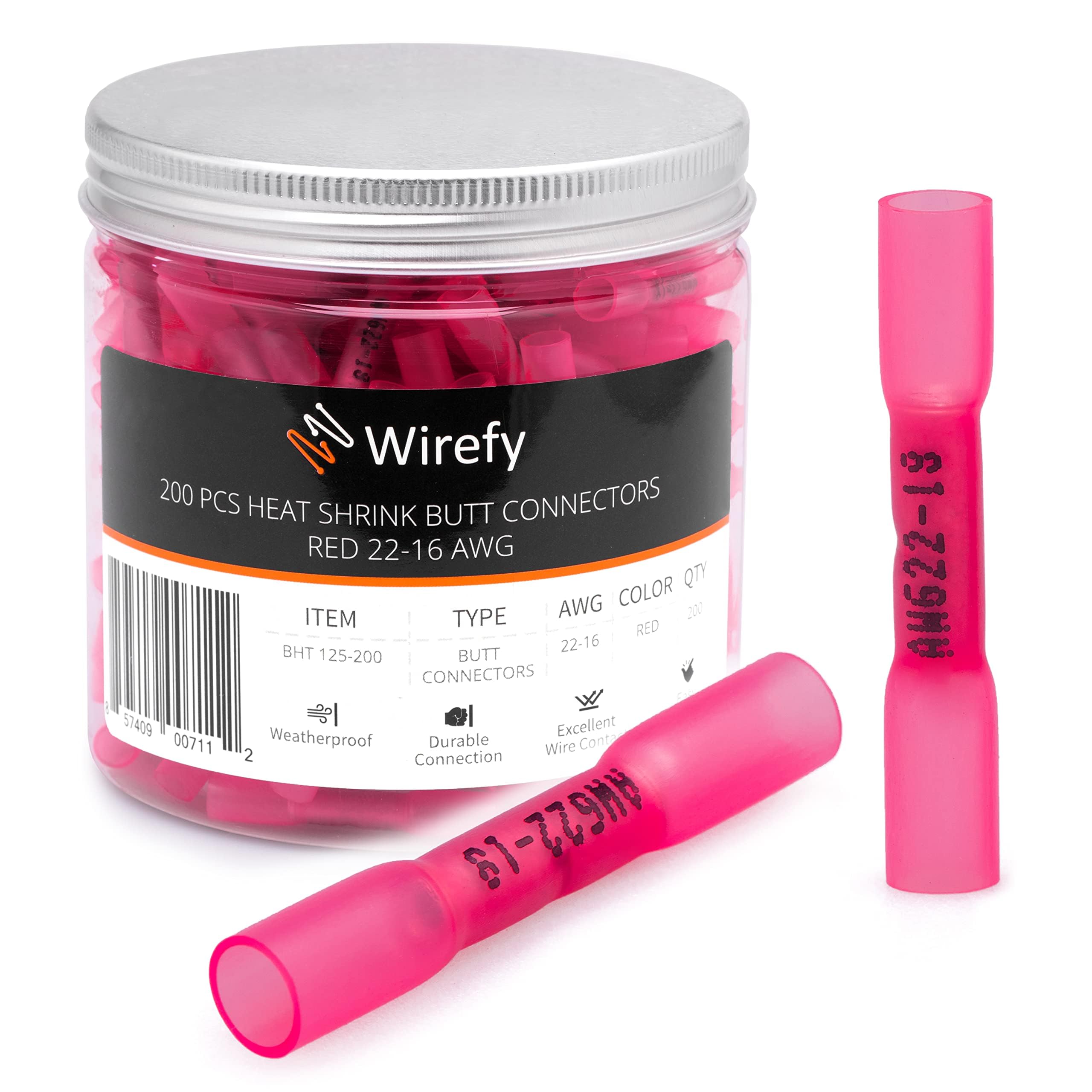 Wirefy 200 PCS Heat Shrink Butt Connectors Red 22-16 AWG - Marine Grade Wire Splice Connectors - Electrical Waterproof Heat Shrink