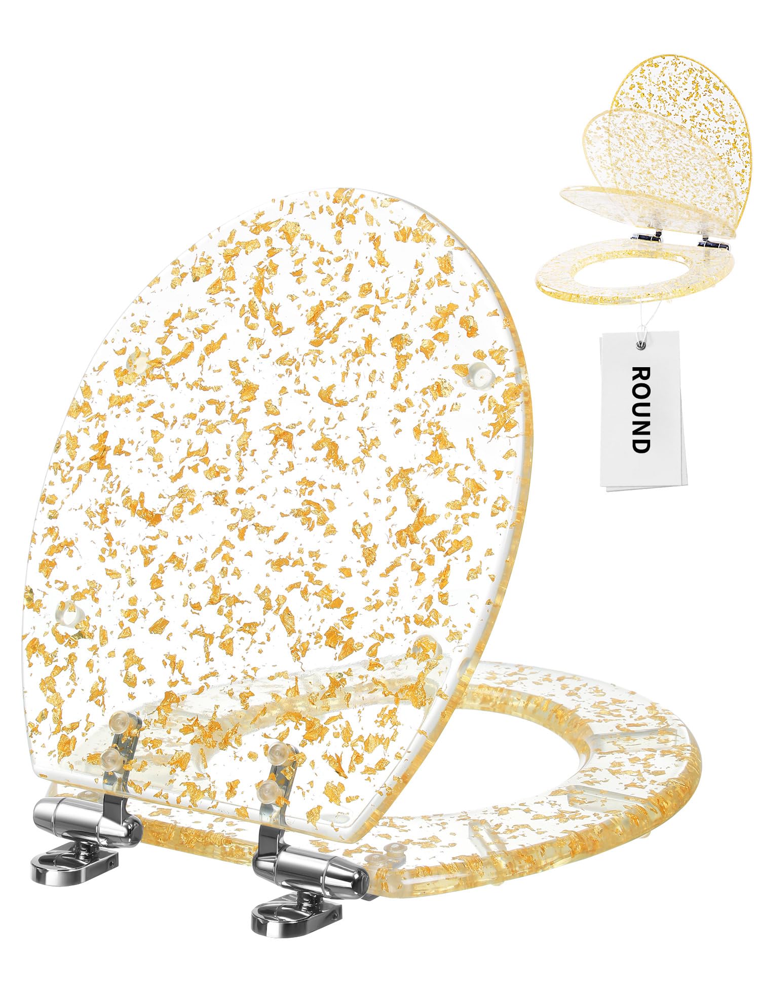 Photo 1 of Resin Toilet Seat Round with Easy Clean Adjustable Hinges, Soft Close Quick Release Heavy Duty Golden Glitter Cover Acrylic Toilet Seats (Round 17Inch, Gold Foil, Upgraded hinge)