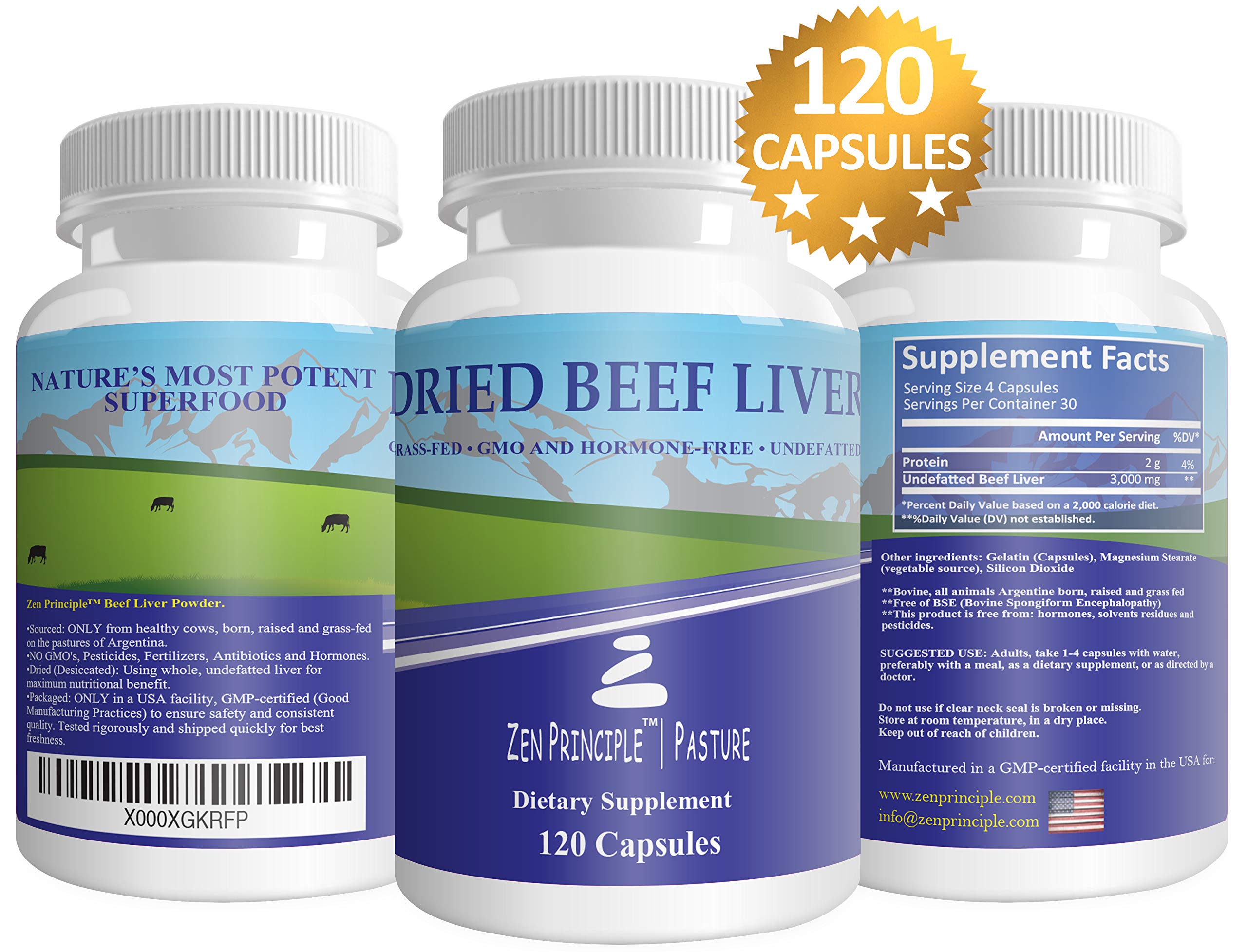 Ultra-Pure Desiccated Beef Liver, Grass-Fed, Pasture-Raised Cows. No Hormones or GMO. Natural Energy and Workout Boost from Iron, Amino Acids, Protein and Vitamins. 120 Capsules 750 Mg.