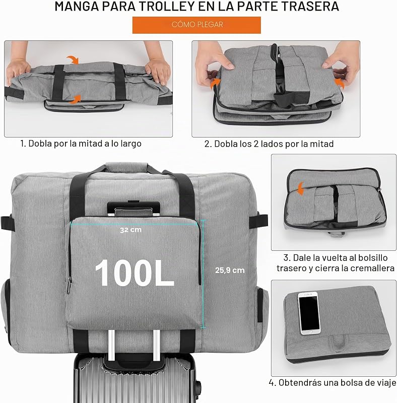 Bolsa de Viaje Plegable 100L con Compartimento para Zapatos, Resistente al Agua y al Desgarro. Bolso de Viaje para Hombre y Mujer, Ideal para Viajes, Mudanzas y Fines de Semana