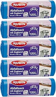 Rubin Zugband Müllsäcke - 120 Liter (50 Stück) - Für Haushalt und Büro - Reißfest und Flüssigkeitsdicht - 5er Pack (5x10 Stück) - Recyclebar - Besonders klein verpackt