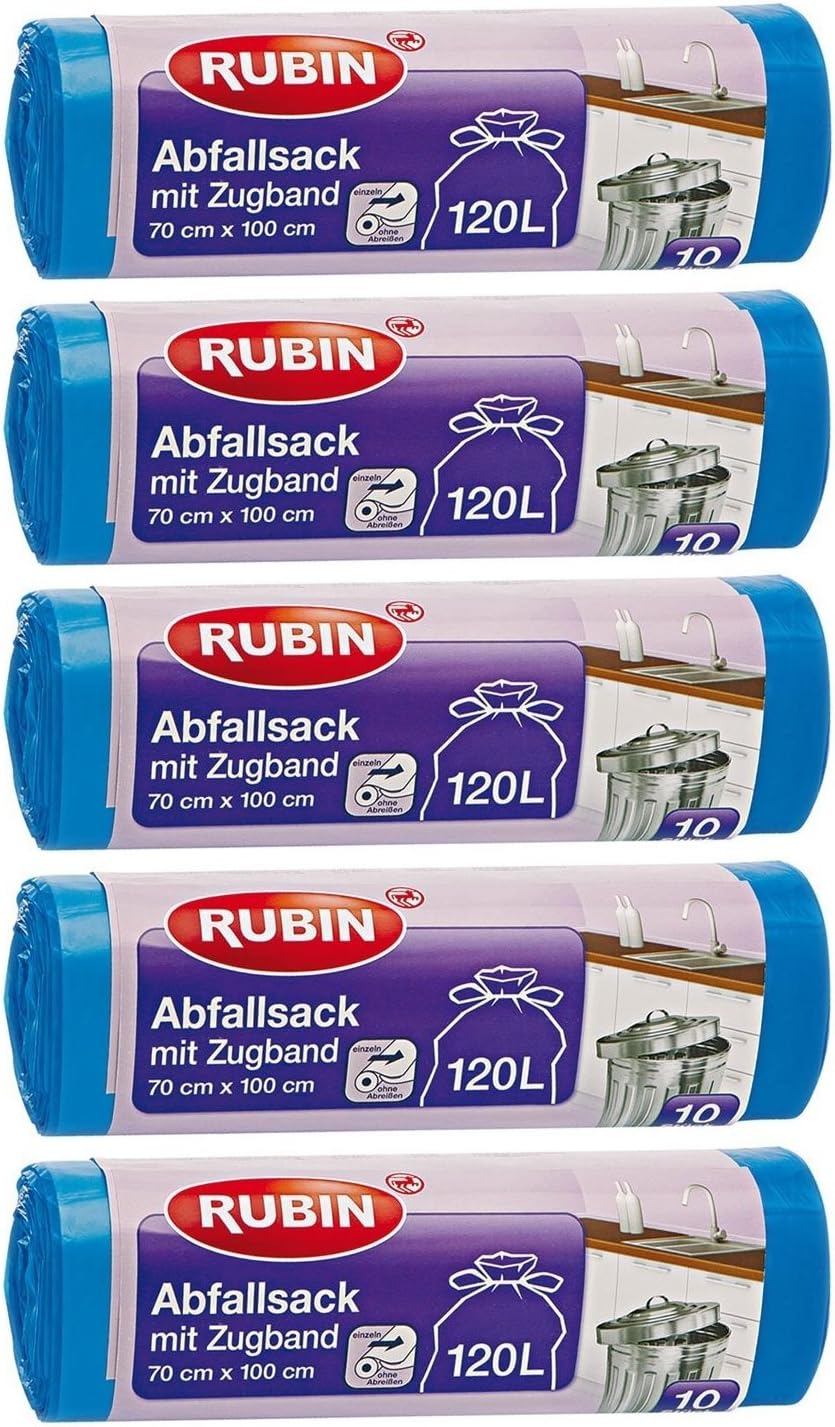 Rubin Zugband Müllsäcke - 120 Liter (50 Stück) - Für Haushalt und Büro - Reißfest und Flüssigkeitsdicht - 5er Pack (5x10 Stück) - Recyclebar - Besonders klein verpackt