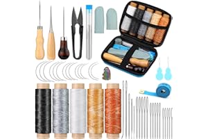Tikjiua 50 Pcs Leather Sewing Kit, Leather Repair Kit with 34 Pcs Sewing Needles, Stitching Awl, Heavy Duty Upholstery Repair Kit for Carseat Backpack Carpet Boots Shoes Canvas Sofa