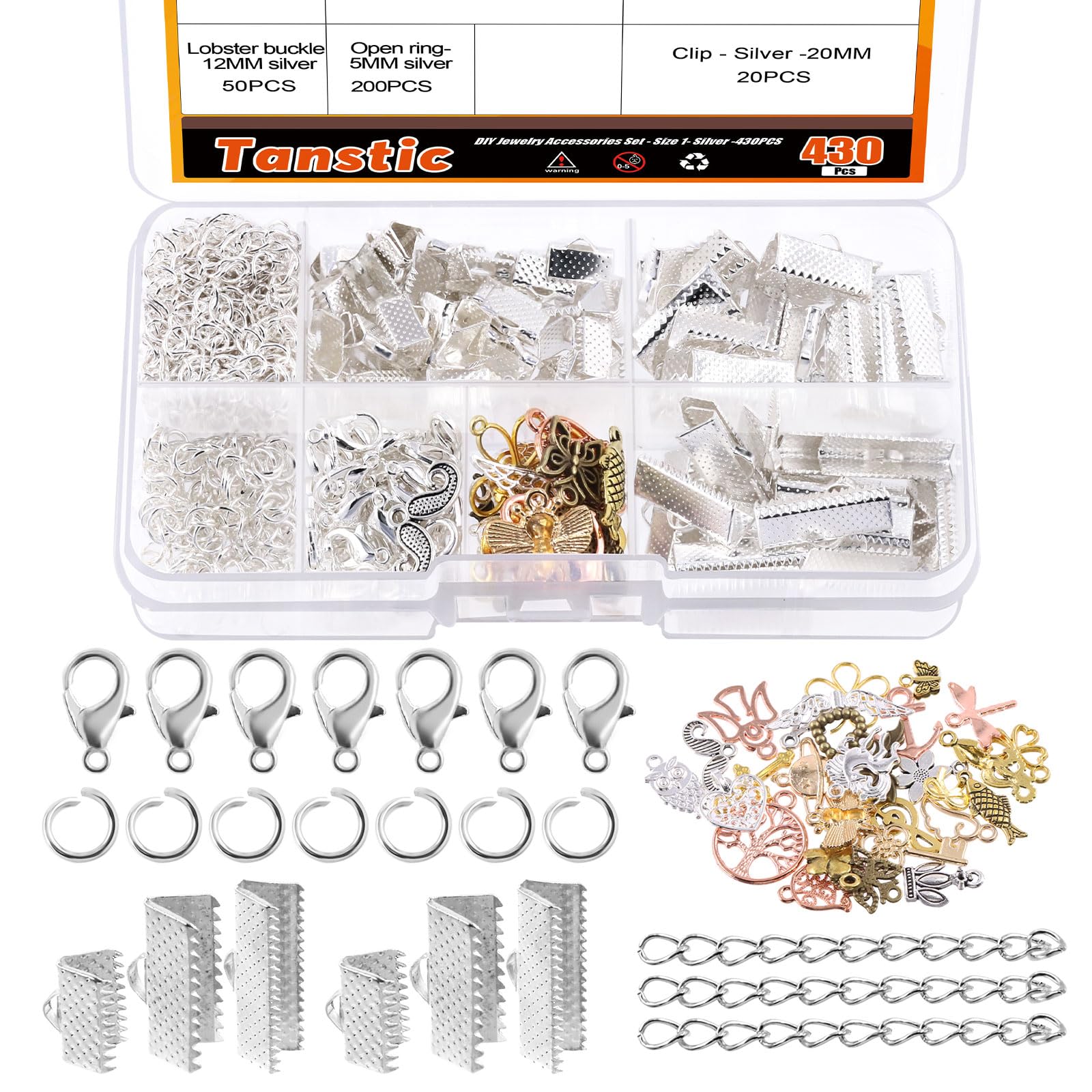 Tanstic 430Pcs Silver Ribbon Ends Fastener Clasps Kit, Bookmark Pinch Crimp Ends with Open Jump Rings, Lobster Claw Clasps, Chain Extenders and Pendant Charms for DIY Crafts