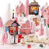 Kasyat Valentines Pink Village Set LED Lighted Christmas Village Houses Accessories with Xmas Tree Streetlight Figurines Crafts Town Scene Deer