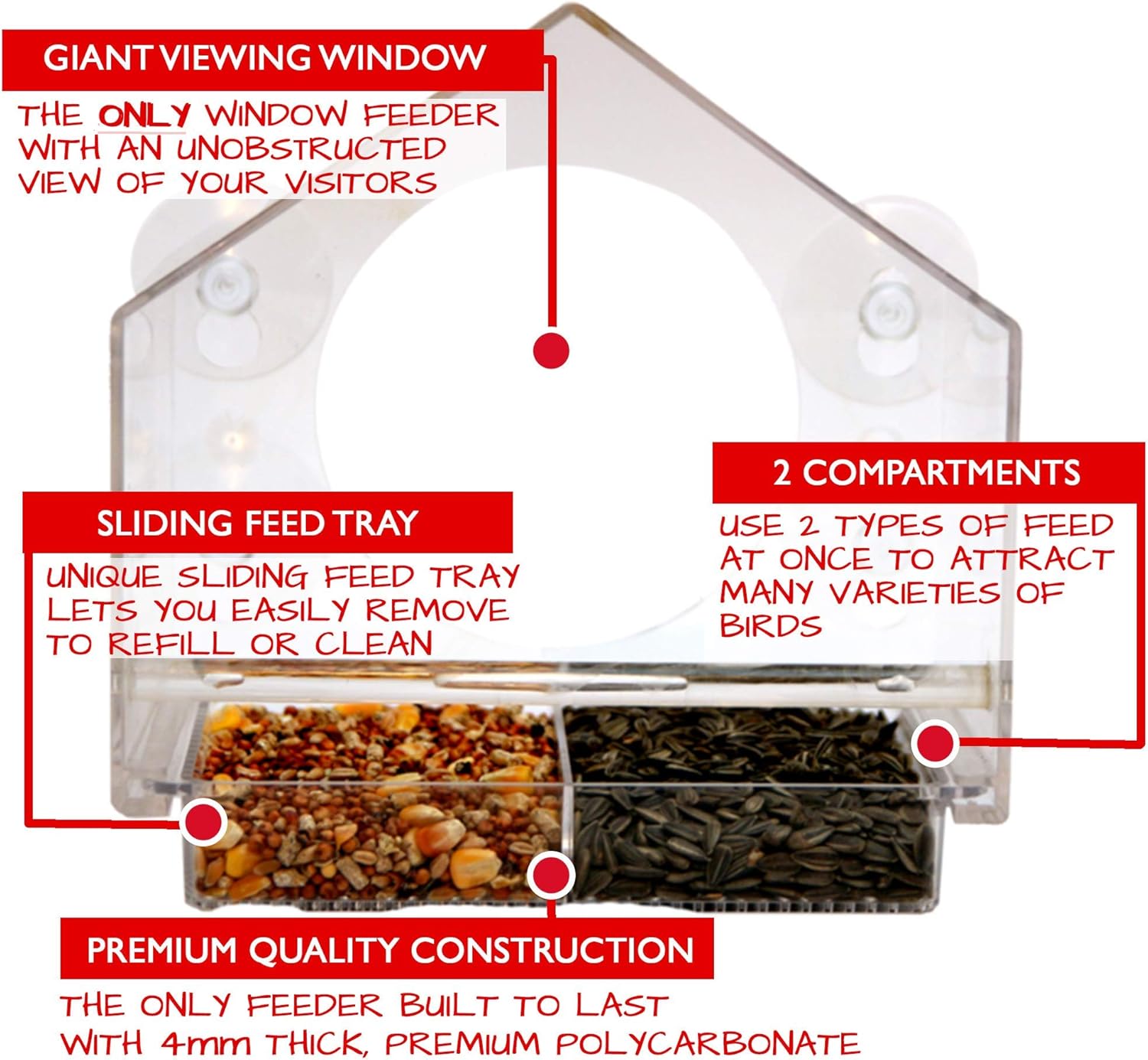 Nature Anywhere Window Bird House Feeder with Sliding Seed Holder and 4 Extra Strong Suction Cups. Large Outdoor Birdfeeders for Wild Birds. Birdhouse Shape. : Garden & Outdoor