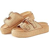 KaroNairy Platform Sandals for Women Raffia Espadrille Wedges Summer Beach Sandals Woven Straw Crochet Sandal Adjustable Double Buckle Strap Rattan Flats