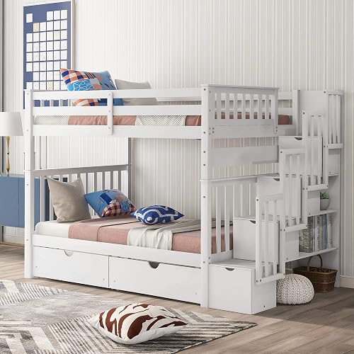 BatanE Full Over Full Bunk Bed with Shelves and 6 Storage Drawers, Gray ...