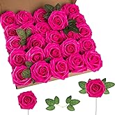 Lansdowns Artificial Flower Foam Rose 25pcs Real Looking Fake Rose with Stems Leaves for Home Decoration Party Garden Centerpieces DIY Wedding Bouquets(Hot Pink)