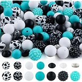 Sunrony 118Pcs Mixed Turquoise Black White Acrylic Rhinestone Spacer Print Silicone Beads for Keychain Making and Necklace Bracelet, Bulk 12mm 15mm Silicone Beads for Pens Crafts