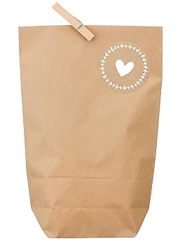 KuschelICH Geschenktüten Set - 24 braune Papiertüten, 24 Aufkleber & 24 Holzklammern - Papiertüte 16,5 x 26 cm - Qualität aus