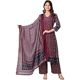 Anarkali Kurta Set for Women Rayon Printed Anarkali Kurti Pant Dupatta Set 3/4 Sleeve Maroon Festive Wear