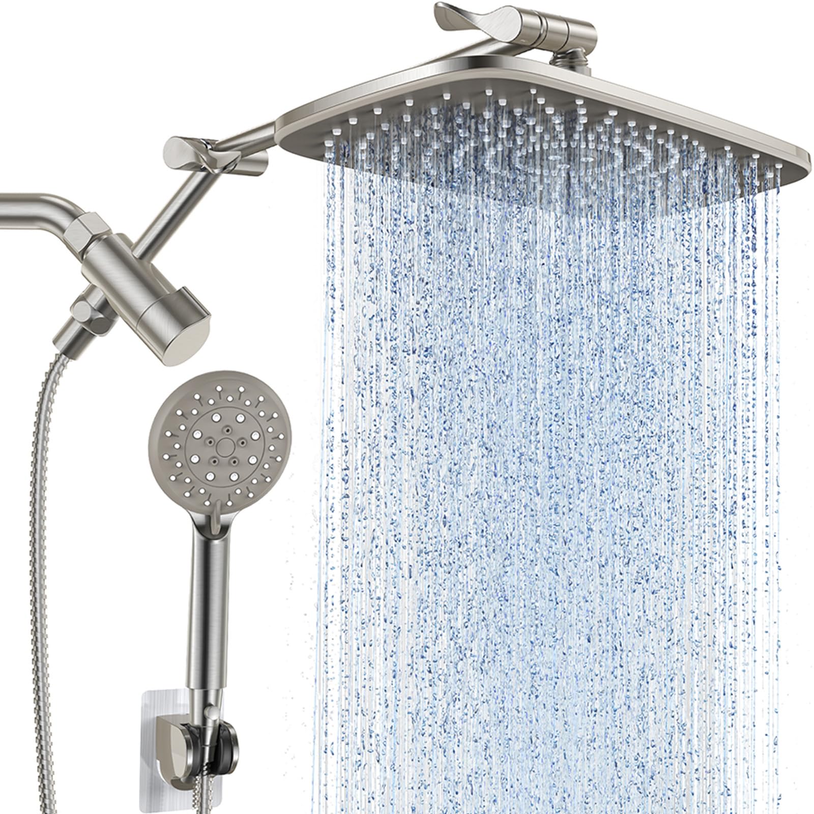 Photo 1 of Veken 11.8'' Rain Brushed Nickel Shower Head with Handheld Spray Combo, Extension Arm for Rainfall Showerhead, Muti-modes Massage High Pressure Hand Held Shower Heads with Hose, Anti-Clog Nozzles